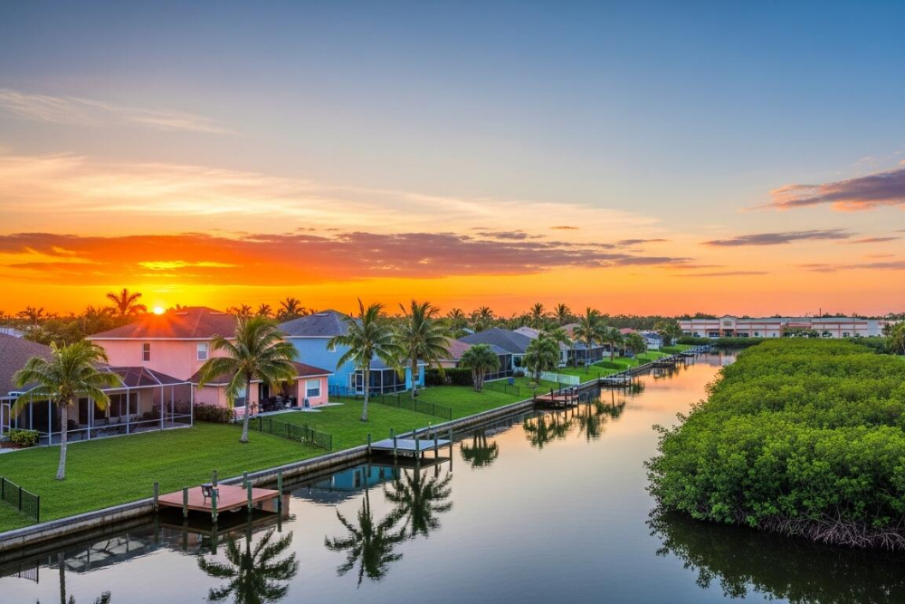 Sunset over a canal with colorful houses, palm trees, and calm water reflecting the sky and boats.