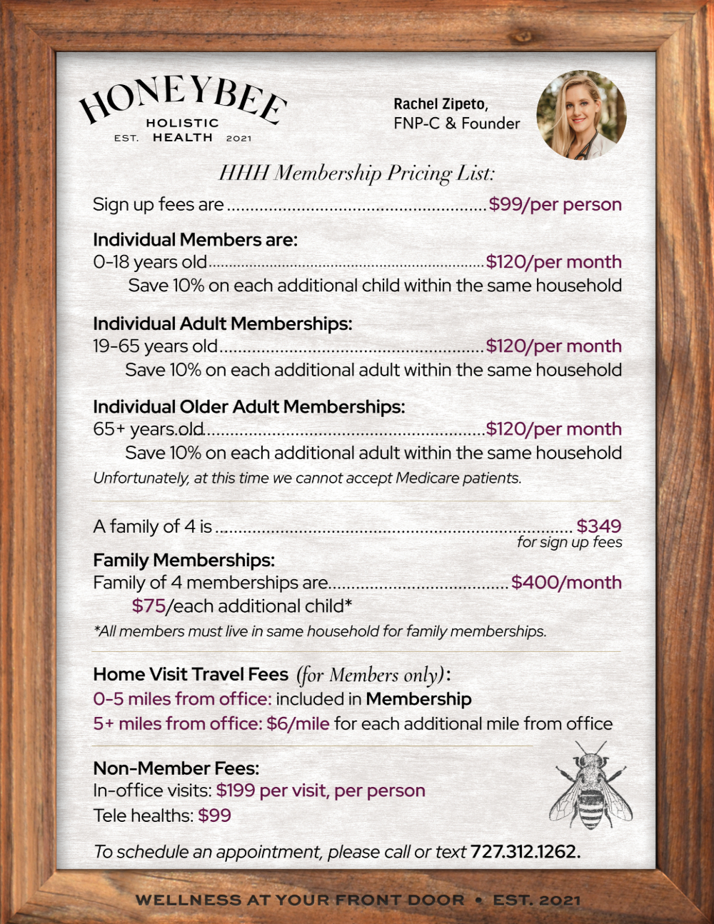 Honeybee Holistic Health Pricing 202607 sm Framed price list for Honeybee Holistic Health with a portrait photo of Rachel Zipeto and a bee illustration on the page.