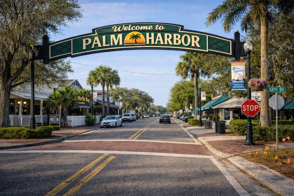 Palm Harbor Welcome arch reading 'Palm Harbor' over a palm-lined street with shops on both sides.