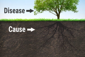 Diagram showing a healthy tree with vibrant foliage above ground and a dense network of dark roots underground, illustrating that disease originates from the roots (cause).