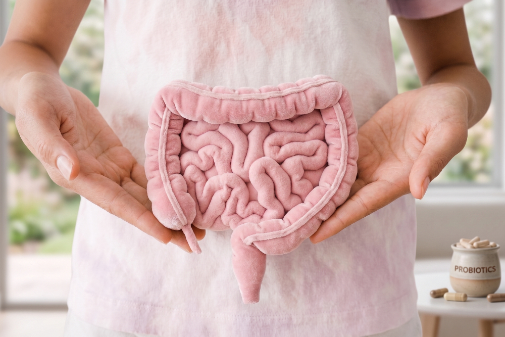 Person holds a soft pink plush model of human intestines (large and small intestine) in both hands, showcasing gut anatomy for education or health topics.