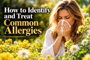 Woman sneezing into a tissue in a sunny field of yellow flowers, with the article headline 'How to Identify and Treat Common Allergies' overlaid on the left.